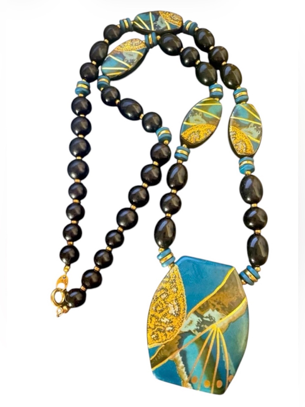 Turquoise Blue, Gold and Black Bead Necklace - Picture 1 of 7